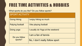 FREE TIME ACTIVITIES & HOBBIES
What sports do you like? Do you follow sports?
SPORT ACTIVITY
Going hiking I enjoy hiking so much
Palying football I like playing football
Doing yoga I usually do Yoga at the weekend
Do you follow
sports?
I am a fan of tennis
No, I don’t really follow sport
 