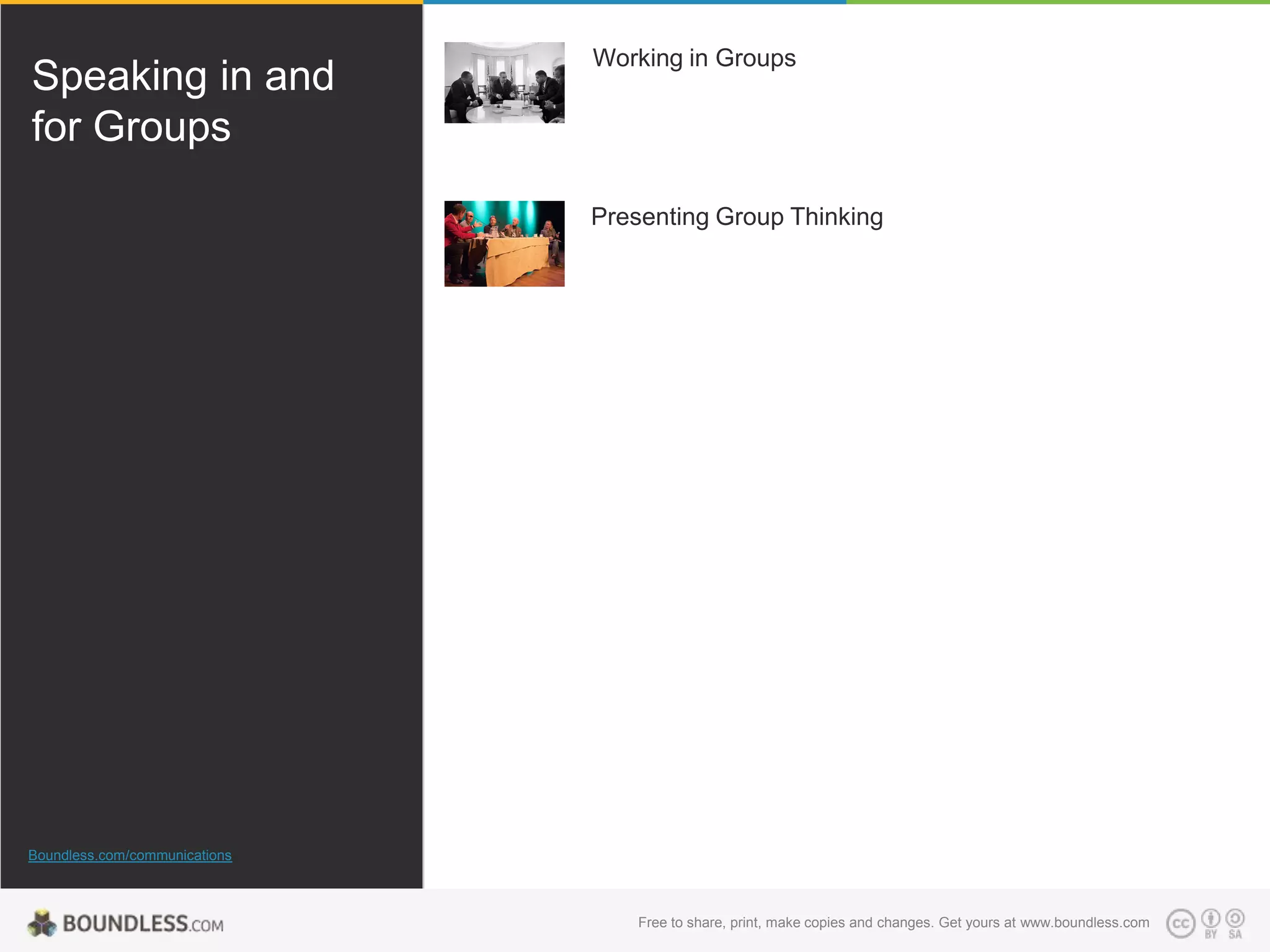 Speaking in and
for Groups

Working in Groups

Presenting Group Thinking

Boundless.com/communications

Free to share, print, make copies and changes. Get yours at www.boundless.com

 