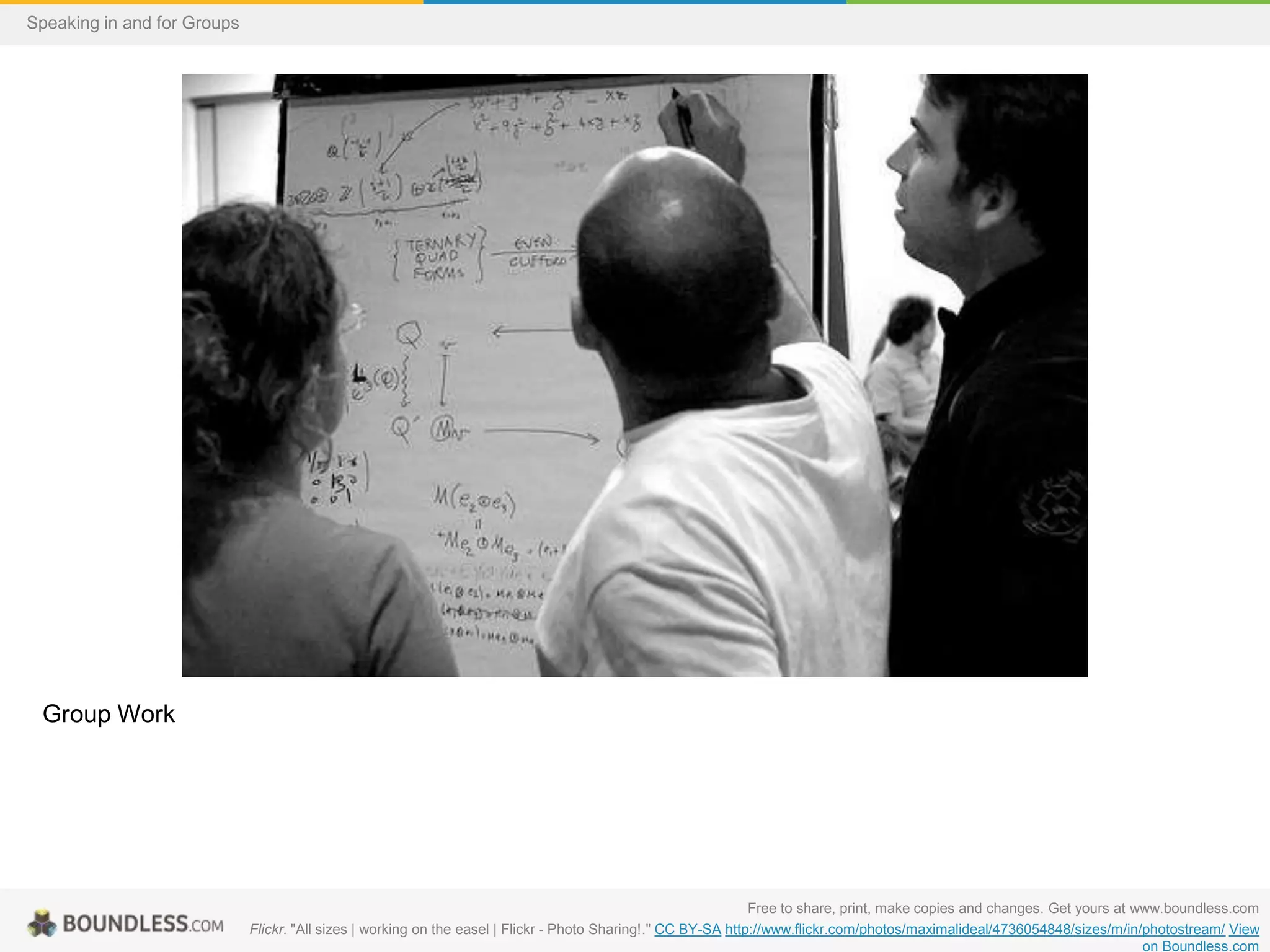 Speaking in and for Groups

Group Work

Free to share, print, make copies and changes. Get yours at www.boundless.com
Flickr. "All sizes | working on the easel | Flickr - Photo Sharing!." CC BY-SA http://www.flickr.com/photos/maximalideal/4736054848/sizes/m/in/photostream/ View
on Boundless.com

 