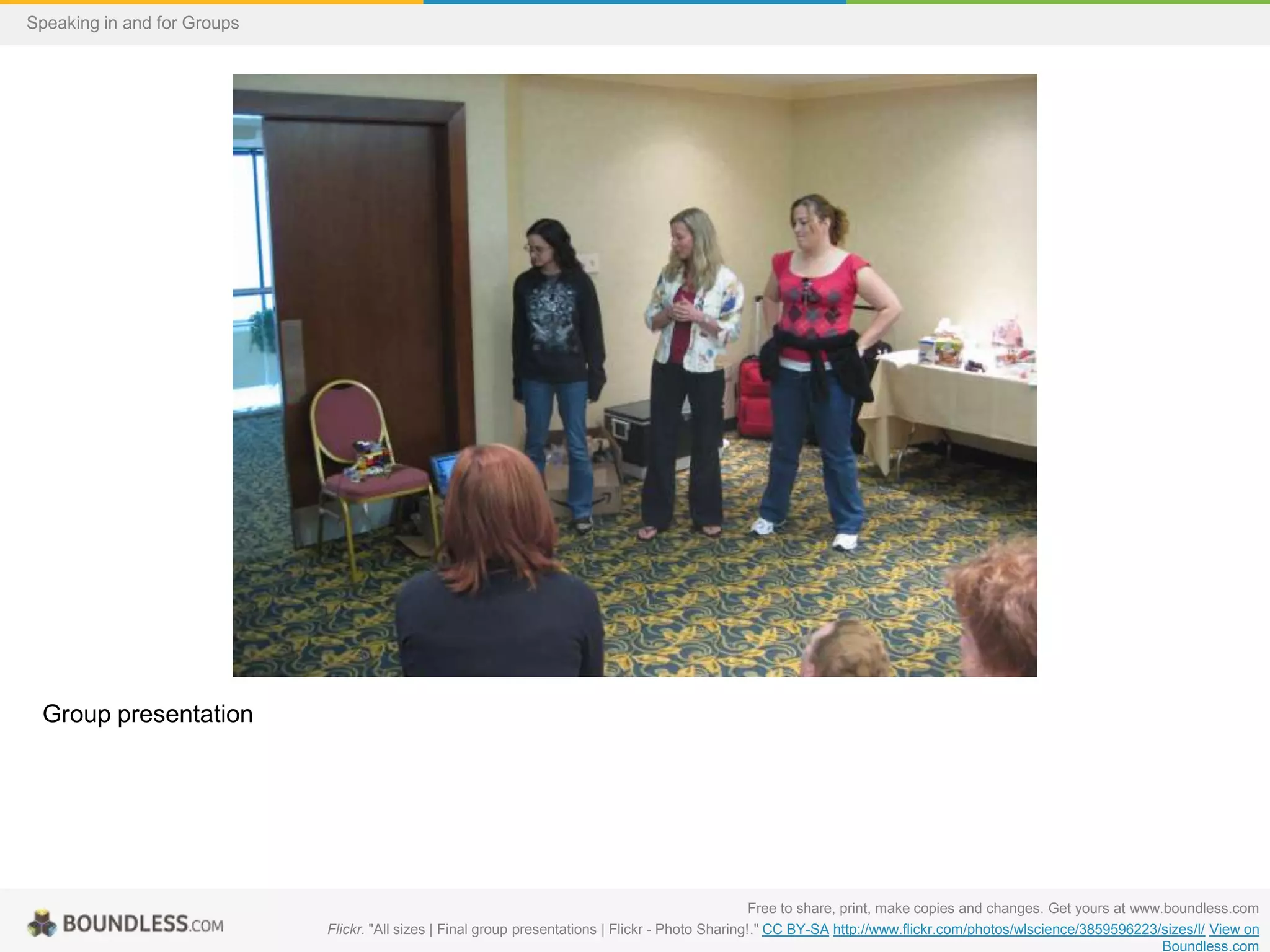 Speaking in and for Groups

Group presentation

Free to share, print, make copies and changes. Get yours at www.boundless.com
Flickr. "All sizes | Final group presentations | Flickr - Photo Sharing!." CC BY-SA http://www.flickr.com/photos/wlscience/3859596223/sizes/l/ View on
Boundless.com

 