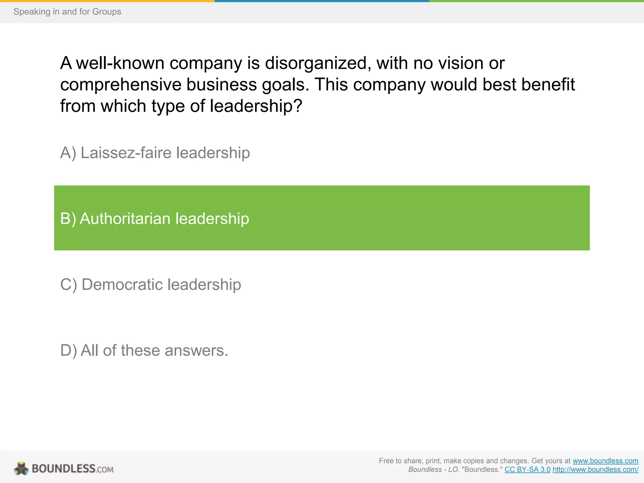 Speaking in and for Groups

A well-known company is disorganized, with no vision or
comprehensive business goals. This company would best benefit
from which type of leadership?
A) Laissez-faire leadership

B) Authoritarian leadership

C) Democratic leadership

D) All of these answers.

Free to share, print, make copies and changes. Get yours at www.boundless.com
Boundless - LO. "Boundless." CC BY-SA 3.0 http://www.boundless.com/

 