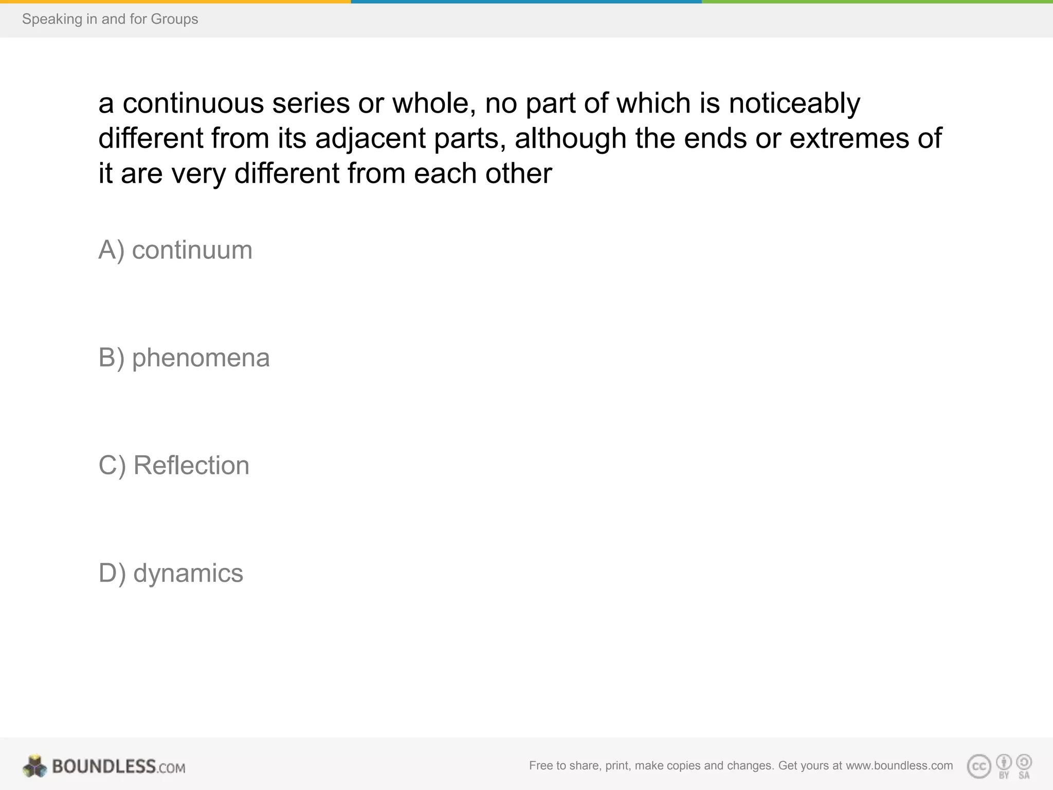 Speaking in and for Groups

a continuous series or whole, no part of which is noticeably
different from its adjacent parts, although the ends or extremes of
it are very different from each other
A) continuum

B) phenomena

C) Reflection

D) dynamics

Free to share, print, make copies and changes. Get yours at www.boundless.com

 