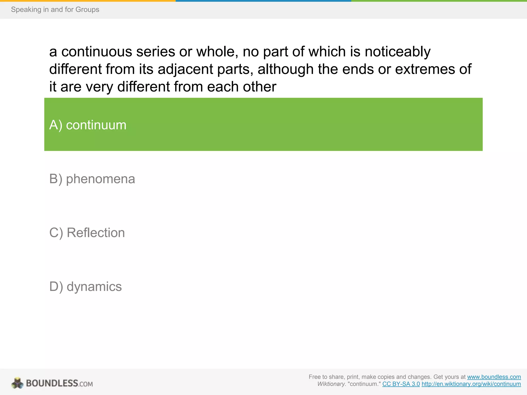 Speaking in and for Groups

a continuous series or whole, no part of which is noticeably
different from its adjacent parts, although the ends or extremes of
it are very different from each other
A) continuum

B) phenomena

C) Reflection

D) dynamics

Free to share, print, make copies and changes. Get yours at www.boundless.com
Wiktionary. "continuum." CC BY-SA 3.0 http://en.wiktionary.org/wiki/continuum

 