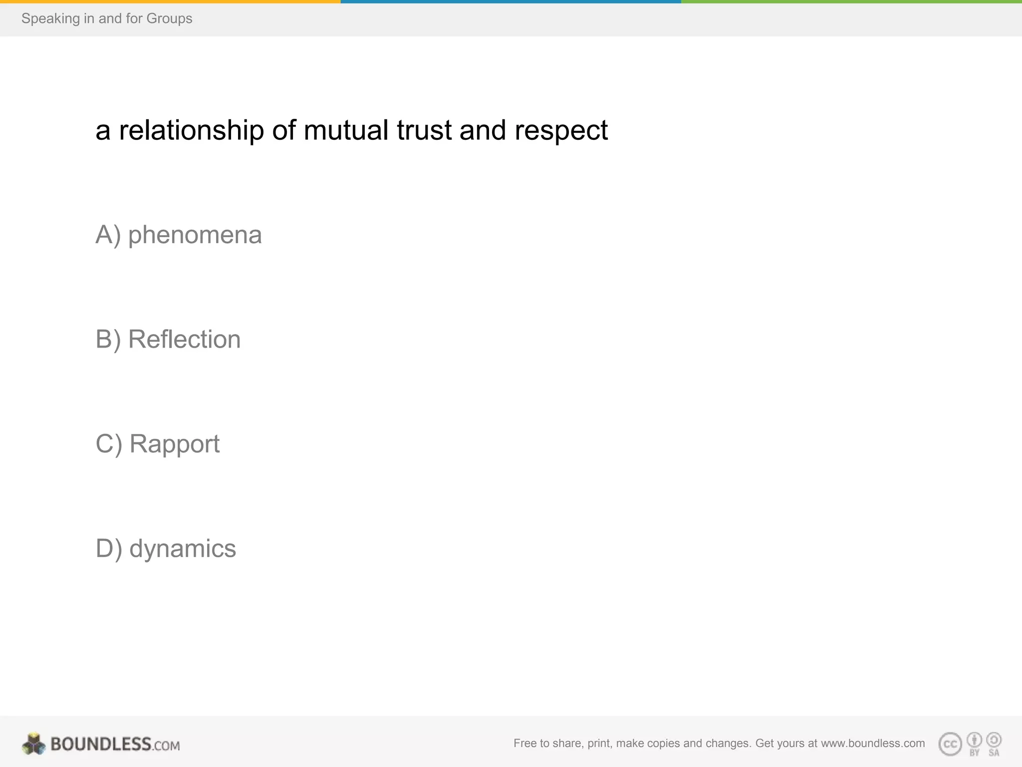 Speaking in and for Groups

a relationship of mutual trust and respect

A) phenomena

B) Reflection

C) Rapport

D) dynamics

Free to share, print, make copies and changes. Get yours at www.boundless.com

 