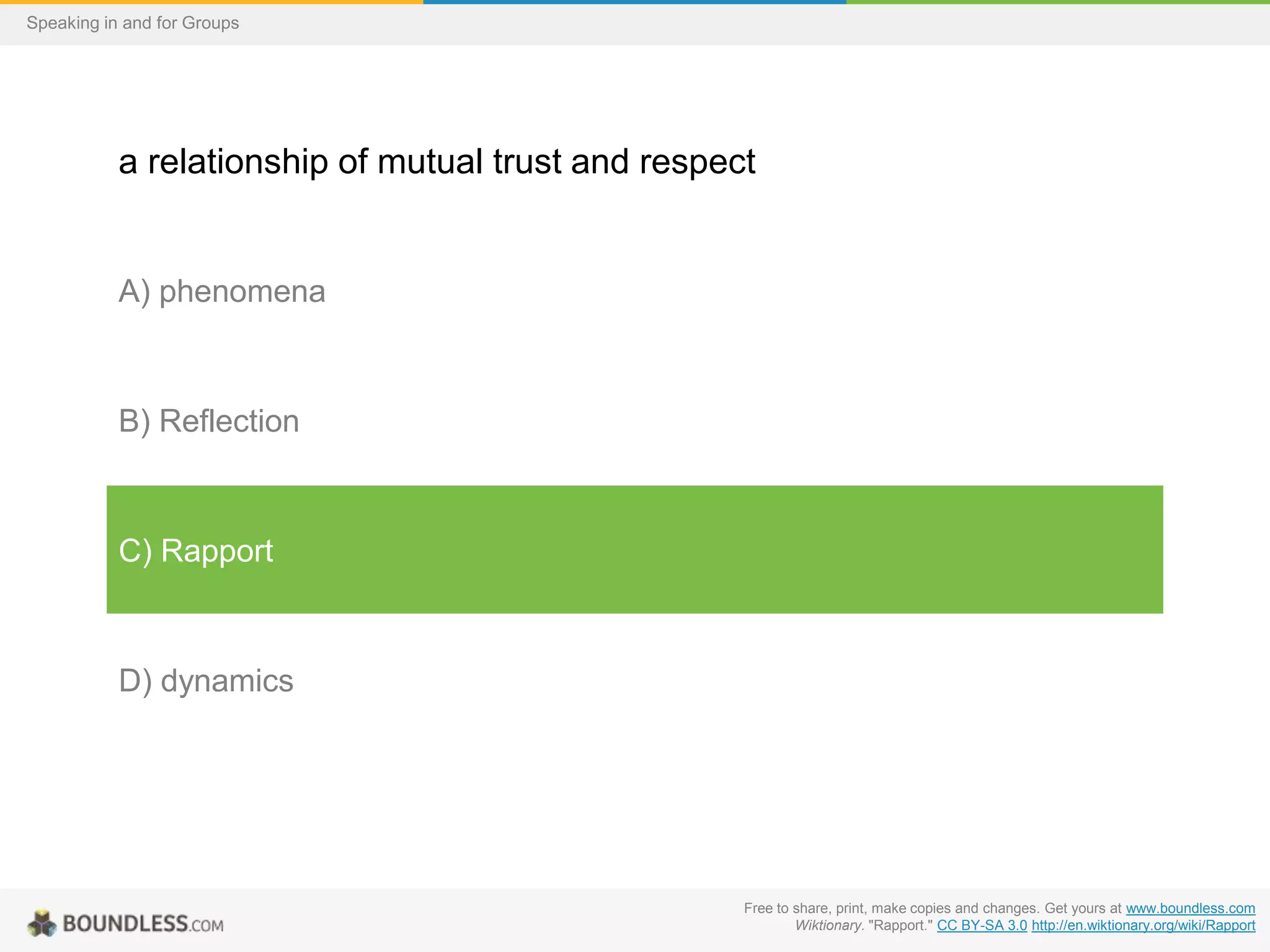Speaking in and for Groups

a relationship of mutual trust and respect

A) phenomena

B) Reflection

C) Rapport

D) dynamics

Free to share, print, make copies and changes. Get yours at www.boundless.com
Wiktionary. "Rapport." CC BY-SA 3.0 http://en.wiktionary.org/wiki/Rapport

 