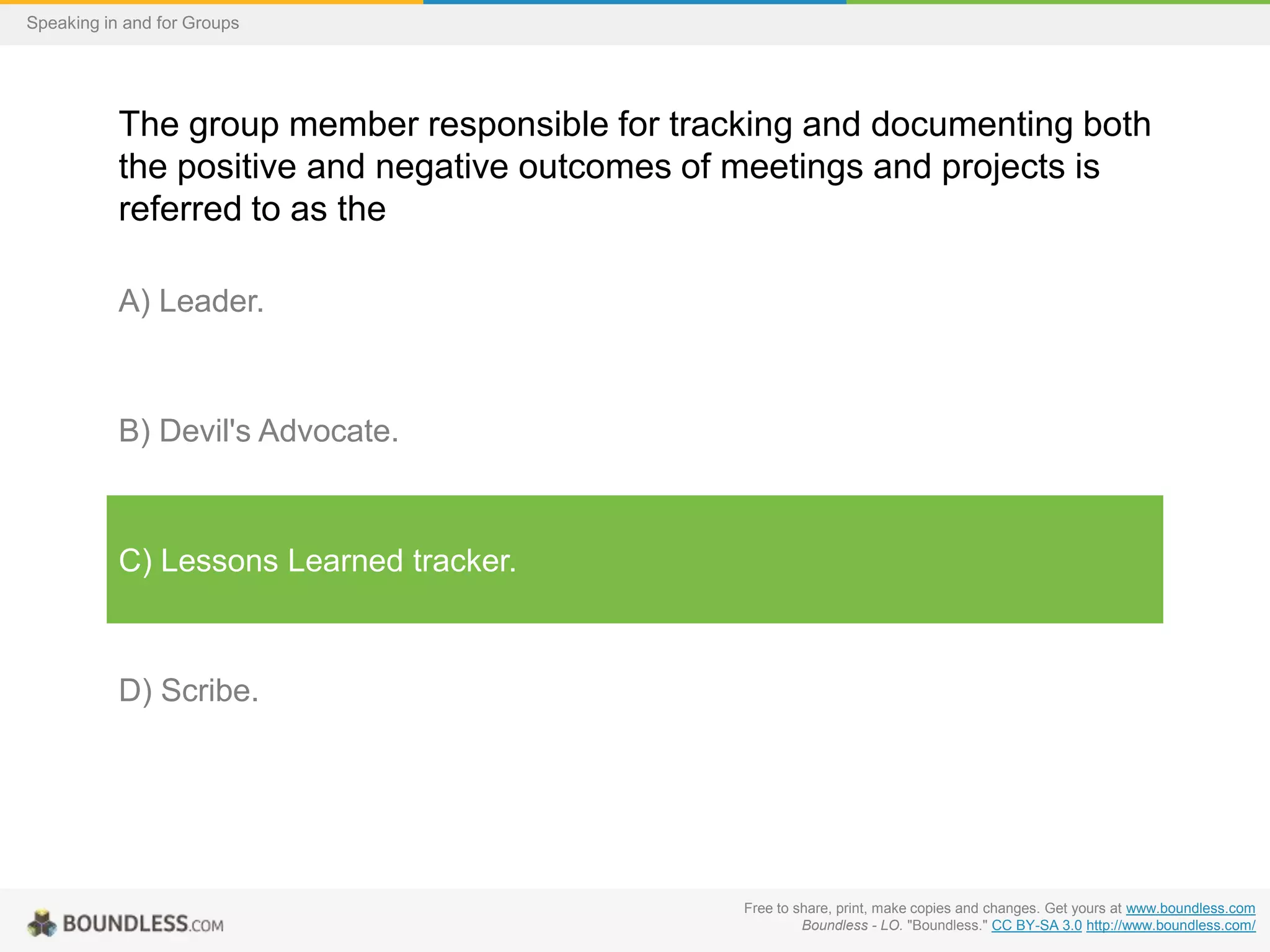 Speaking in and for Groups

The group member responsible for tracking and documenting both
the positive and negative outcomes of meetings and projects is
referred to as the
A) Leader.

B) Devil's Advocate.

C) Lessons Learned tracker.

D) Scribe.

Free to share, print, make copies and changes. Get yours at www.boundless.com
Boundless - LO. "Boundless." CC BY-SA 3.0 http://www.boundless.com/

 