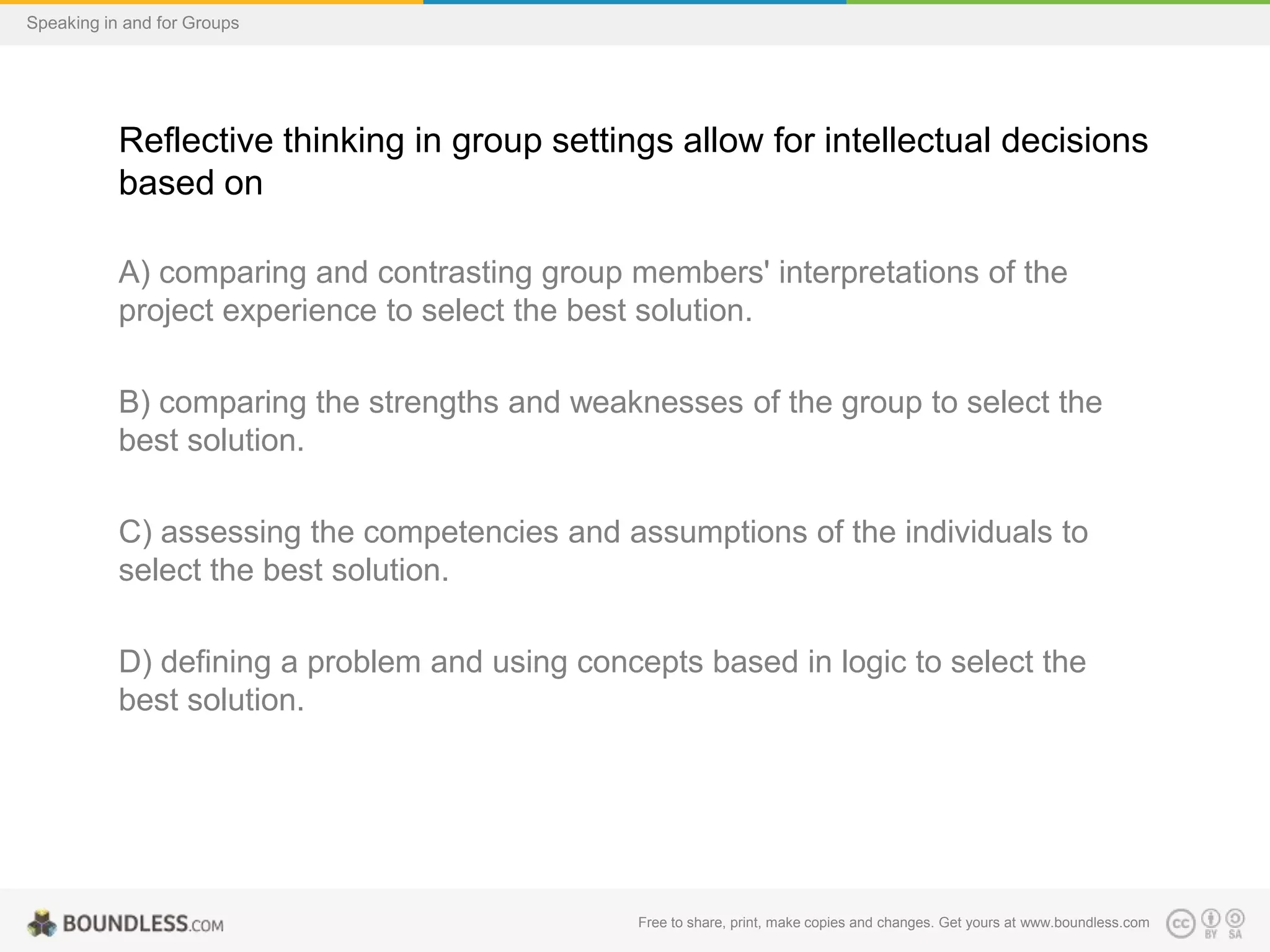 Speaking in and for Groups

Reflective thinking in group settings allow for intellectual decisions
based on
A) comparing and contrasting group members' interpretations of the
project experience to select the best solution.
B) comparing the strengths and weaknesses of the group to select the
best solution.

C) assessing the competencies and assumptions of the individuals to
select the best solution.
D) defining a problem and using concepts based in logic to select the
best solution.

Free to share, print, make copies and changes. Get yours at www.boundless.com

 