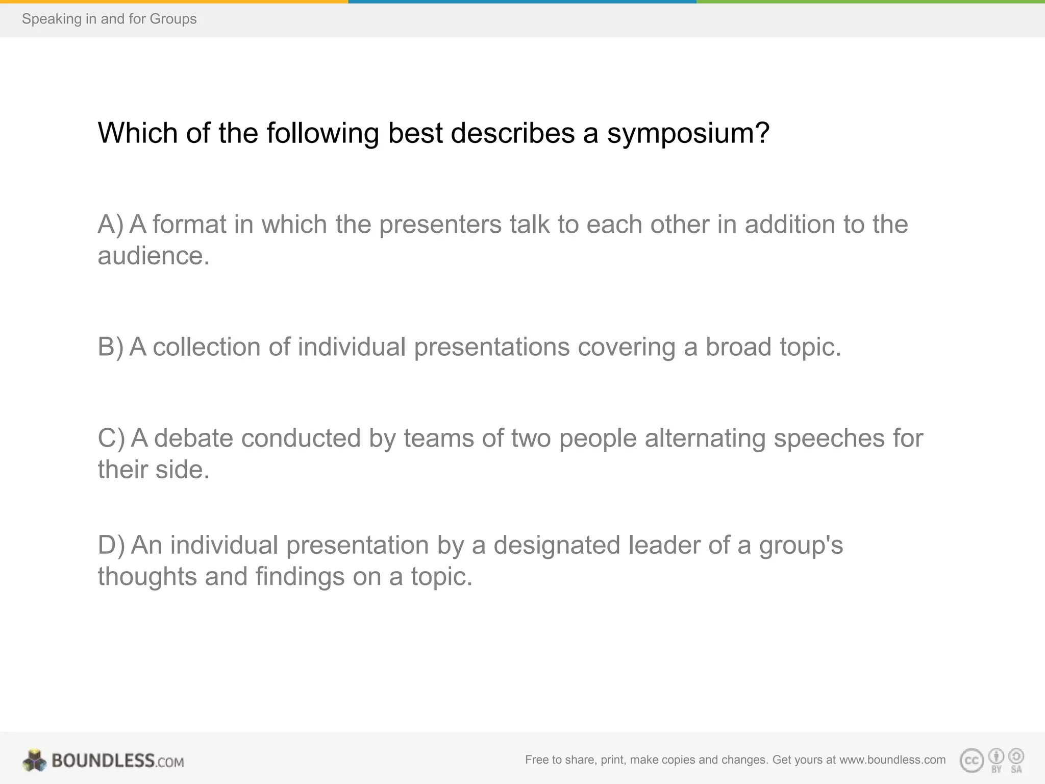 Speaking in and for Groups

Which of the following best describes a symposium?
A) A format in which the presenters talk to each other in addition to the
audience.

B) A collection of individual presentations covering a broad topic.

C) A debate conducted by teams of two people alternating speeches for
their side.
D) An individual presentation by a designated leader of a group's
thoughts and findings on a topic.

Free to share, print, make copies and changes. Get yours at www.boundless.com

 