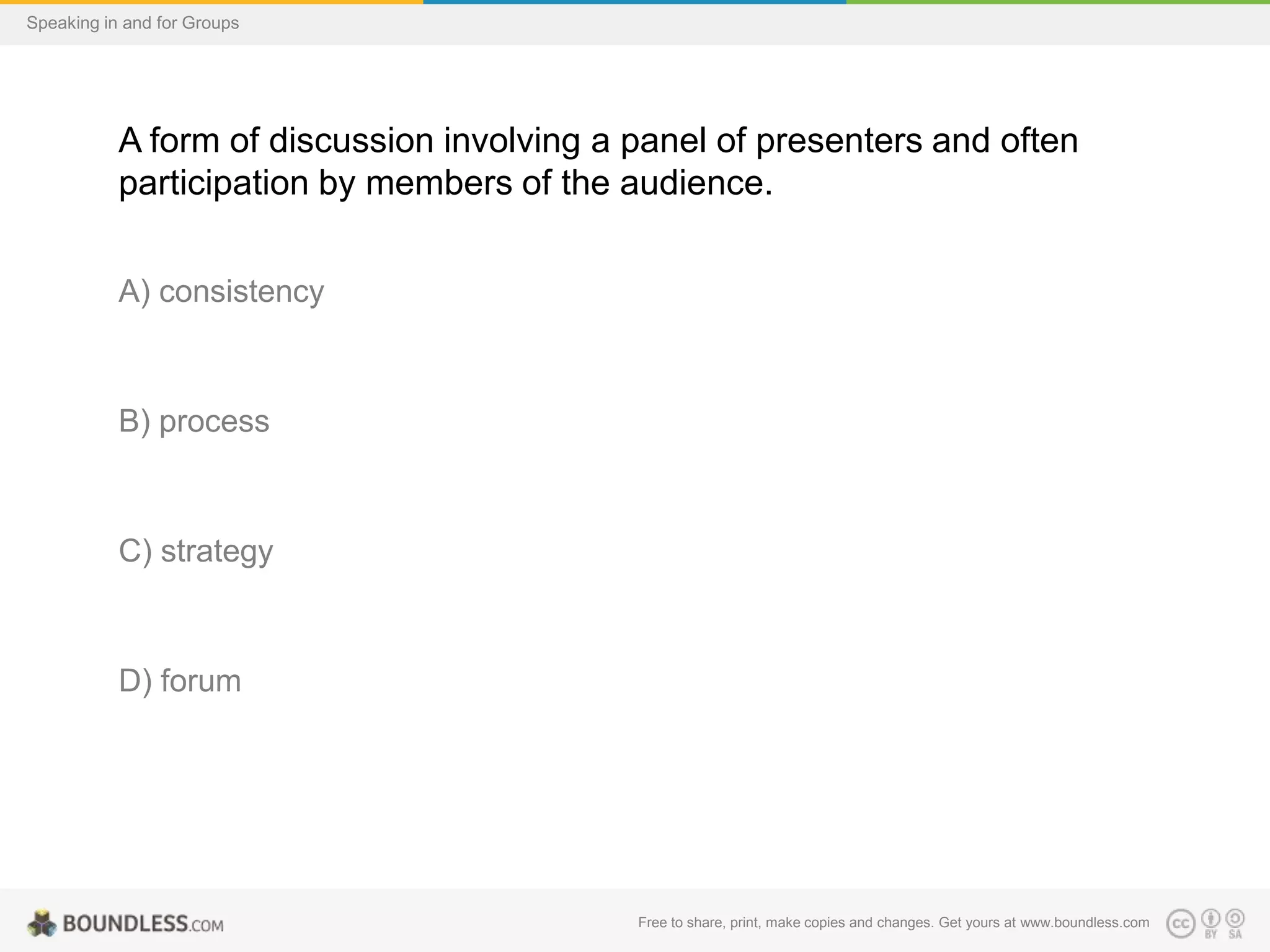 Speaking in and for Groups

A form of discussion involving a panel of presenters and often
participation by members of the audience.
A) consistency

B) process

C) strategy

D) forum

Free to share, print, make copies and changes. Get yours at www.boundless.com

 