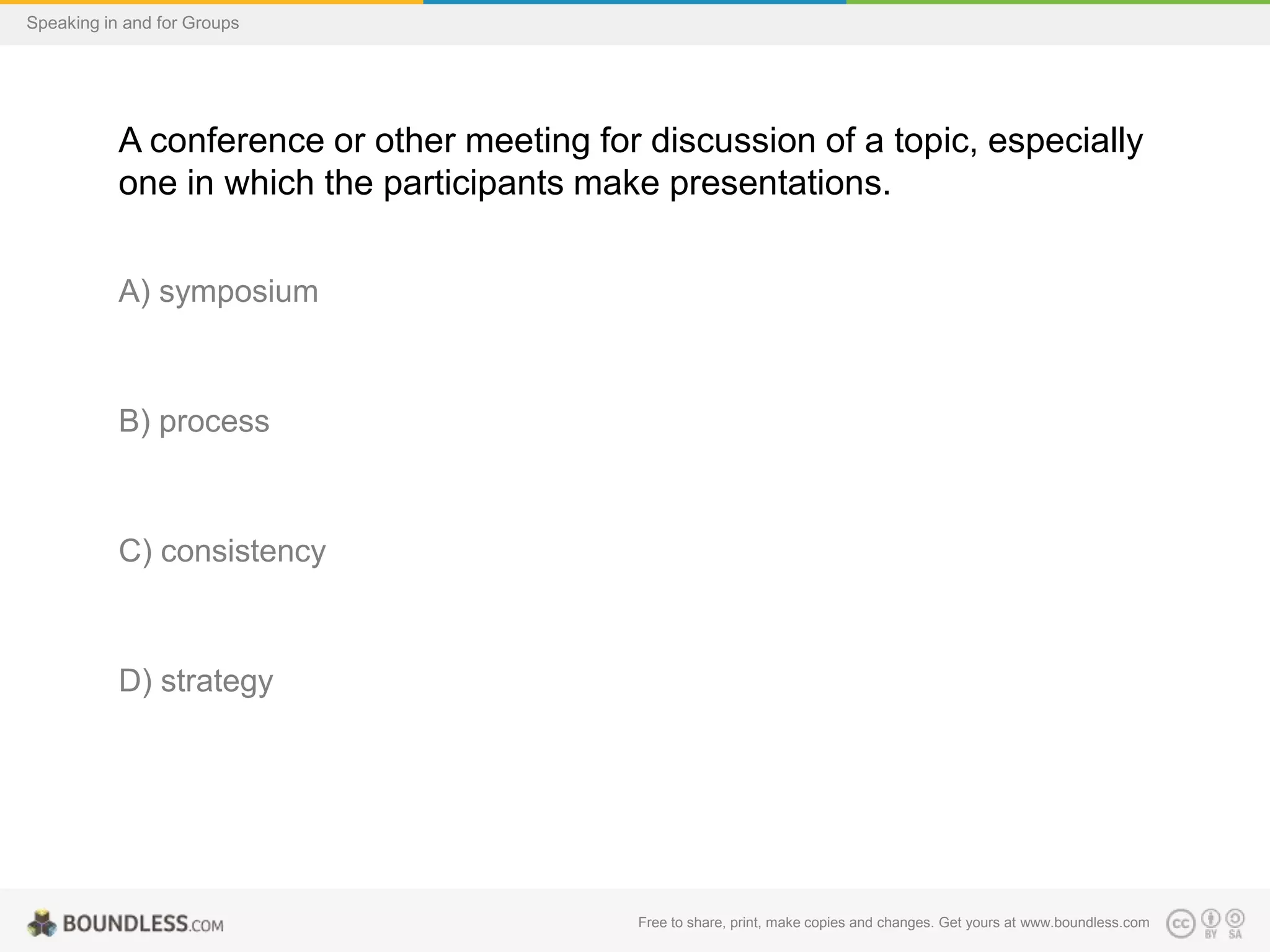 Speaking in and for Groups

A conference or other meeting for discussion of a topic, especially
one in which the participants make presentations.
A) symposium

B) process

C) consistency

D) strategy

Free to share, print, make copies and changes. Get yours at www.boundless.com

 