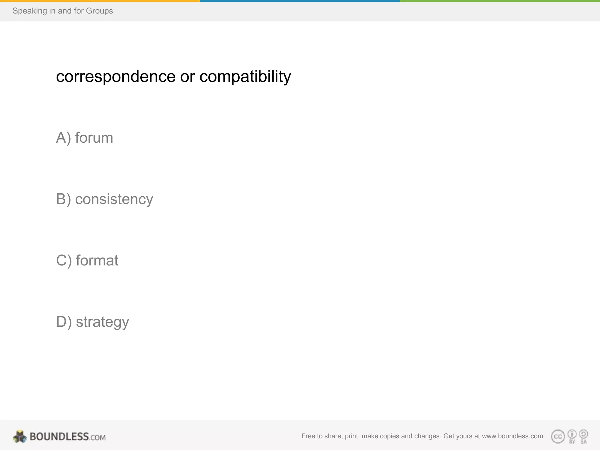 Speaking in and for Groups

correspondence or compatibility

A) forum

B) consistency

C) format

D) strategy

Free to share, print, make copies and changes. Get yours at www.boundless.com

 