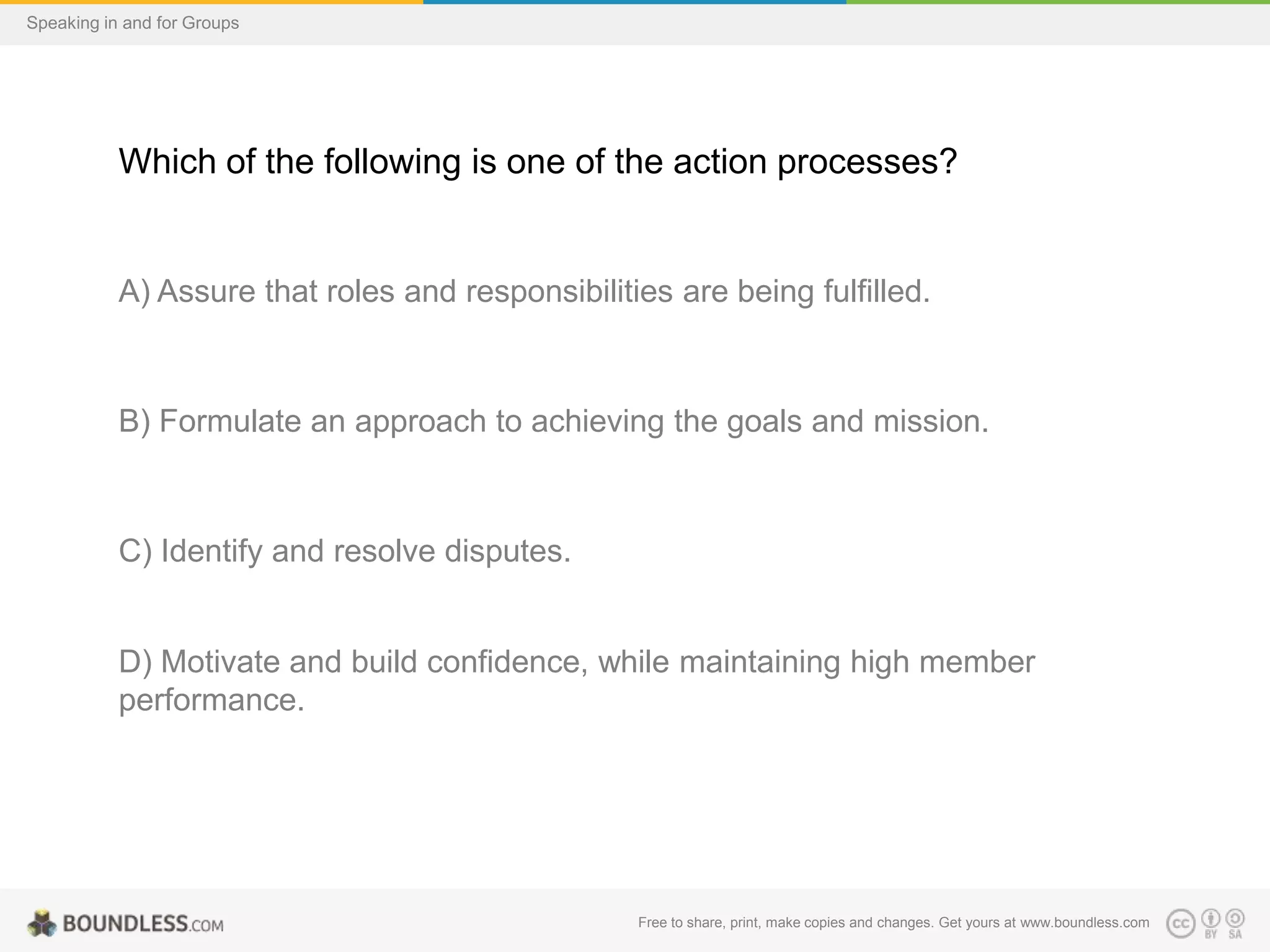 Speaking in and for Groups

Which of the following is one of the action processes?

A) Assure that roles and responsibilities are being fulfilled.

B) Formulate an approach to achieving the goals and mission.

C) Identify and resolve disputes.

D) Motivate and build confidence, while maintaining high member
performance.

Free to share, print, make copies and changes. Get yours at www.boundless.com

 