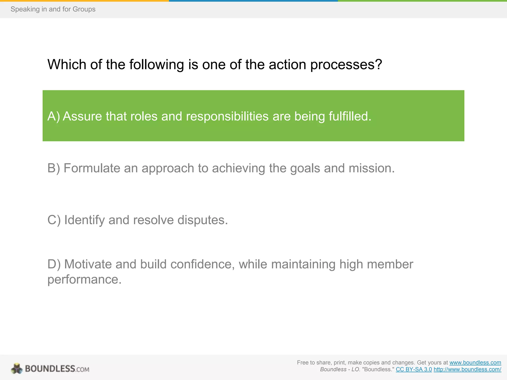 Speaking in and for Groups

Which of the following is one of the action processes?

A) Assure that roles and responsibilities are being fulfilled.

B) Formulate an approach to achieving the goals and mission.

C) Identify and resolve disputes.

D) Motivate and build confidence, while maintaining high member
performance.

Free to share, print, make copies and changes. Get yours at www.boundless.com
Boundless - LO. "Boundless." CC BY-SA 3.0 http://www.boundless.com/

 