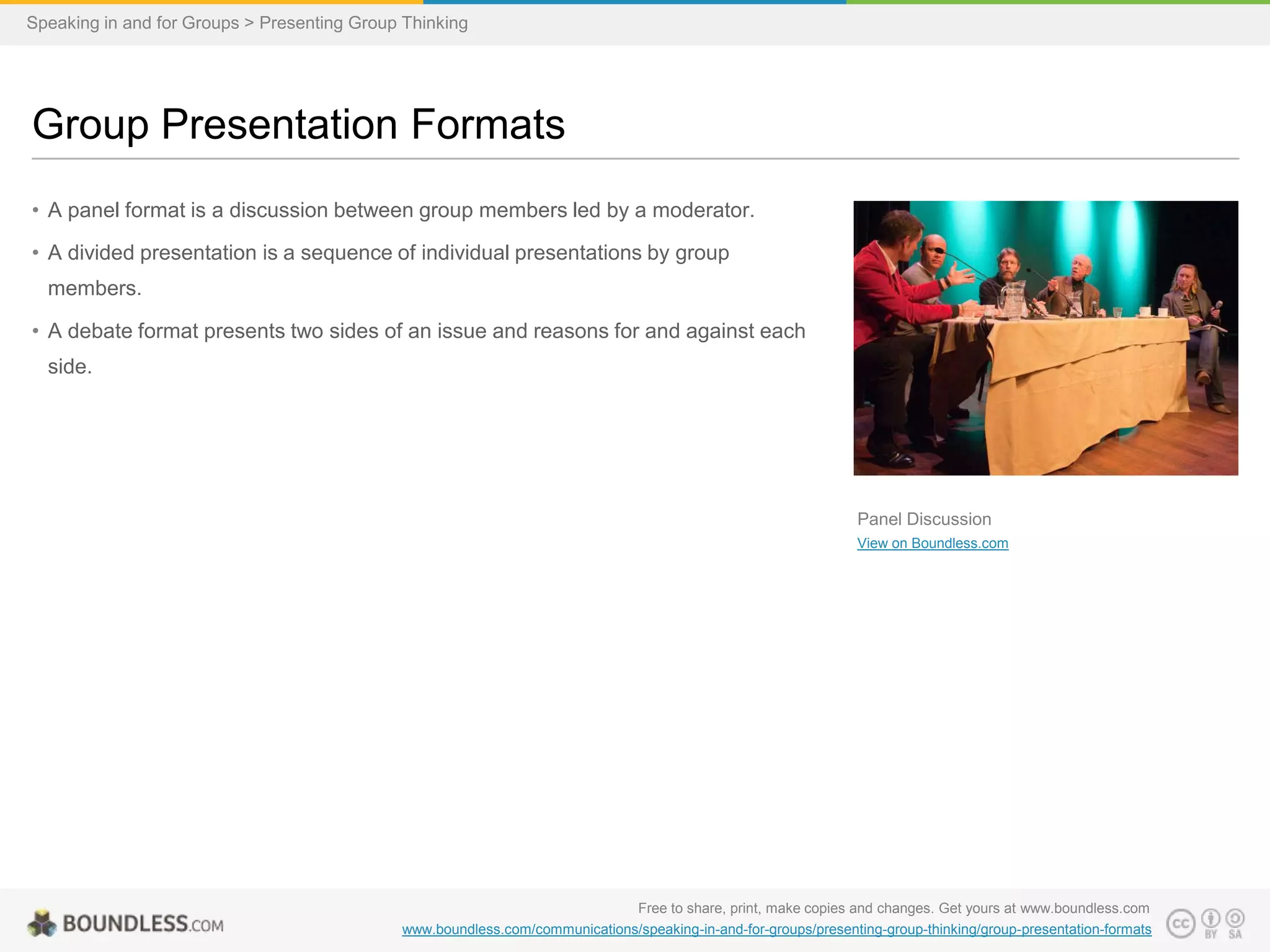 Speaking in and for Groups > Presenting Group Thinking

Group Presentation Formats
• A panel format is a discussion between group members led by a moderator.
• A divided presentation is a sequence of individual presentations by group
members.

• A debate format presents two sides of an issue and reasons for and against each
side.

Panel Discussion
View on Boundless.com

Free to share, print, make copies and changes. Get yours at www.boundless.com
www.boundless.com/communications/speaking-in-and-for-groups/presenting-group-thinking/group-presentation-formats

 