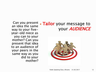 Can you present
an idea the same
way to your five-
year-old niece as
you can to your
mother? Can you
present that idea
to an audience of
your peers in the
same way as you
did to your
mother?
 Tailor your message to
your AUDIENCE
31/03/2017Public Speaking Class, Afrianto 12
 
