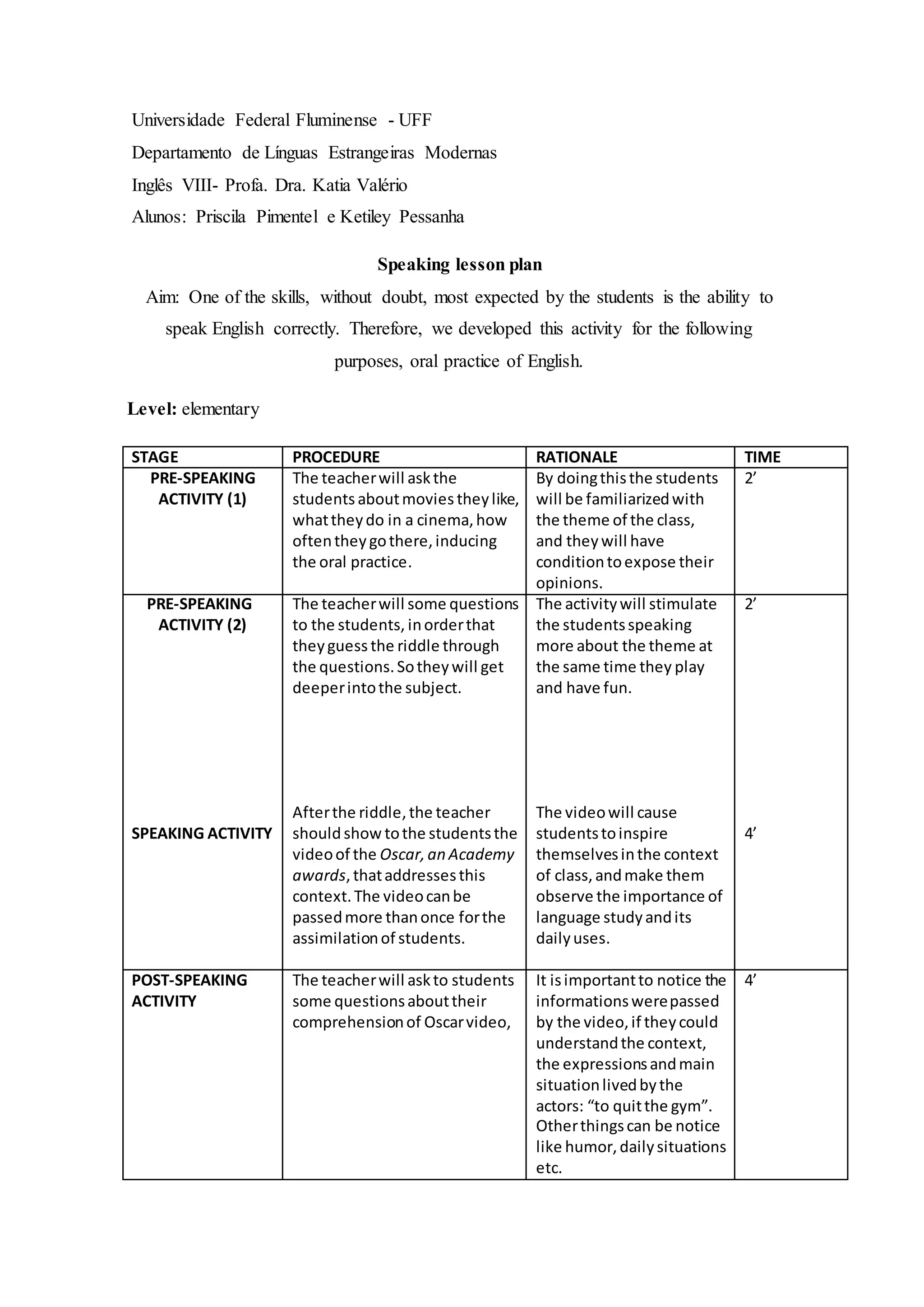 Speaking lesson plan priscila e ketiley (2) | PDF