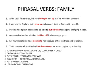 PHRASAL VERBS: FAMILY
1. After Leo’s father died, his aunt brought him up as if he were her own son.
2. I was born in England but I grew up in France. I lived in Paris until I was 18.
3. Parents need great patience to be able to put up with teenagers’ changing moods.
4. Amy cried when her vfasther told her off for breaking a glass.
5. My mum is role model. I look up to her because of her kindness and tolerance.
6. Tim’s parents felt that he had let them down. He wants to give up university.
1. TO BRING sby UP: TO TAKE CARE OF/ LOOK AFTER A CHILD
2. GROW UP: BECOME OLDER
3. PUT UP WITH: TOLERATE/ COPE WITH
4. TELL sby OFF: TO REPRIMAND SOMEONE
5. PUT UP WITH: ADMIRE
6. LET sby DOWN: DISAPPOINT
 