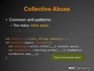 Collective Abuse
• Common anti-patterns:
– Too many inline steps
– Tuple overload
val actors: List[(Int, String, Double)] = // ...
def bestActor(query: String) = {
val matching = actors.filter(_._2 contains query)
val bestByScore = matching.sortBy(-_._3).headOption
bestByScore.map(_._1)
} Name intermediate steps!
 