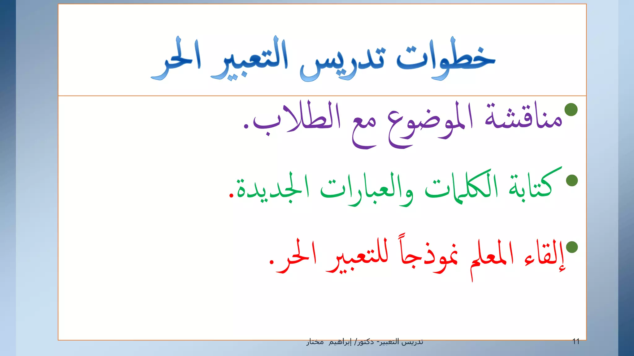 •‫إلطالب‬ ‫مع‬ ‫إملوضوع‬ ‫شة‬‫ق‬‫نا‬‫م‬.
•‫إجلديدة‬ ‫إت‬‫ر‬‫با‬‫لع‬‫إ‬‫و‬ ‫إللكامت‬ ‫تابة‬‫ك‬.
•‫إحلر‬ ‫بري‬‫تع‬‫لل‬ ً‫ا‬‫منوذج‬ ‫إملعمل‬ ‫لقاء‬‫إ‬.
‫التعبير‬ ‫تدريس‬-‫دكتور‬/‫مختار‬ ‫إبراهيم‬ 11
 
