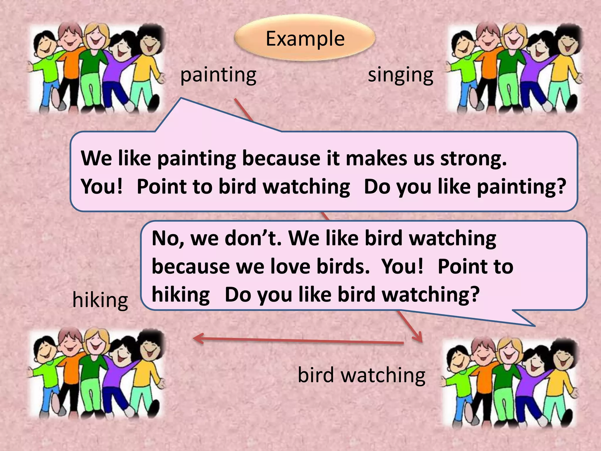 Example
painting

singing

We like painting because it makes us strong.
You! Point to bird watching Do you like painting?

No, we don’t. We like bird watching
because we love birds. You! Point to
hiking hiking Do you like bird watching?
bird watching

 