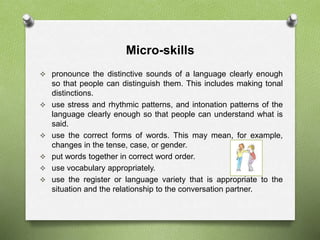 Micro-skills 
 pronounce the distinctive sounds of a language clearly enough 
so that people can distinguish them. This includes making tonal 
distinctions. 
 use stress and rhythmic patterns, and intonation patterns of the 
language clearly enough so that people can understand what is 
said. 
 use the correct forms of words. This may mean, for example, 
changes in the tense, case, or gender. 
 put words together in correct word order. 
 use vocabulary appropriately. 
 use the register or language variety that is appropriate to the 
situation and the relationship to the conversation partner. 
 