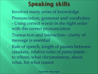  Involves many areas of knowledge 
 Pronunciation, grammar and vocabulary 
- Using correct words in the right order 
with the correct pronunciation 
 Transaction and interaction - clarity of 
message is essential 
 Rate of speech, length of pauses between 
speakers, relative roles of participants - 
to whom, what circumstances, about 
what, for what reason 
Arundathie Abeysinghe 
 