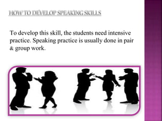To develop this skill, the students need intensive
practice. Speaking practice is usually done in pair
& group work.
 