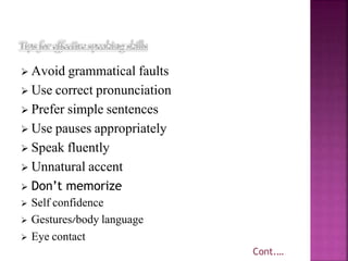  Avoid grammatical faults
 Use correct pronunciation
 Prefer simple sentences
 Use pauses appropriately
 Speak fluently
 Unnatural accent
 Don’t memorize
 Self confidence
 Gestures/body language
 Eye contact
Cont.…
 