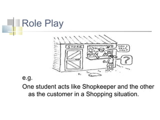 Role Play
e.g.
One student acts like Shopkeeper and the other
as the customer in a Shopping situation.
 