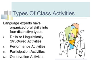 Types Of Class Activities
Language experts have
organized oral skills into
four distinctive types.
I. Drills or Linguistically
Structured Activities
II. Performance Activities
III. Participation Activities
IV. Observation Activities
 