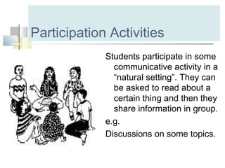 Participation Activities
Students participate in some
communicative activity in a
“natural setting”. They can
be asked to read about a
certain thing and then they
share information in group.
e.g.
Discussions on some topics.
 