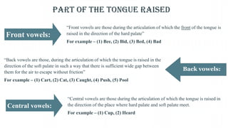 Front Vowels
Part of the tongue raised
“Front vowels are those during the articulation of which the front of the tongue is
raised in the direction of the hard palate”
For example – (1) Bee, (2) Bid, (3) Bed, (4) Bad
Front vowels:
Back vowels:
“Back vowels are those, during the articulation of which the tongue is raised in the
direction of the soft palate in such a way that there is sufficient wide gap between
them for the air to escape without friction”
For example – (1) Cart, (2) Cat, (3) Caught, (4) Push, (5) Pool
Central vowels:
“Central vowels are those during the articulation of which the tongue is raised in
the direction of the place where hard palate and soft palate meet.
For example – (1) Cup, (2) Heard
 