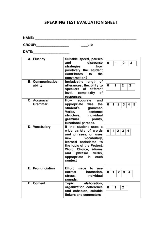 Speaking test evaluation sheet