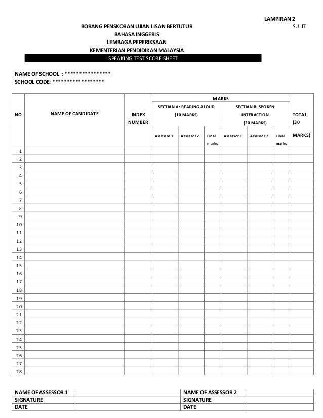 Speaking test score sheet PT3 2014