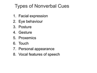 Types of Nonverbal Cues
1. Facial expression
2. Eye behaviour
3. Posture
4. Gesture
5. Proxemics
6. Touch
7. Personal appearance
8. Vocal features of speech
 