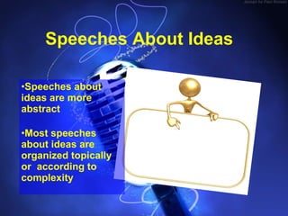 Speeches About Ideas <ul><li>Speeches about ideas are more abstract </li></ul><ul><li>Most speeches about ideas are organi...