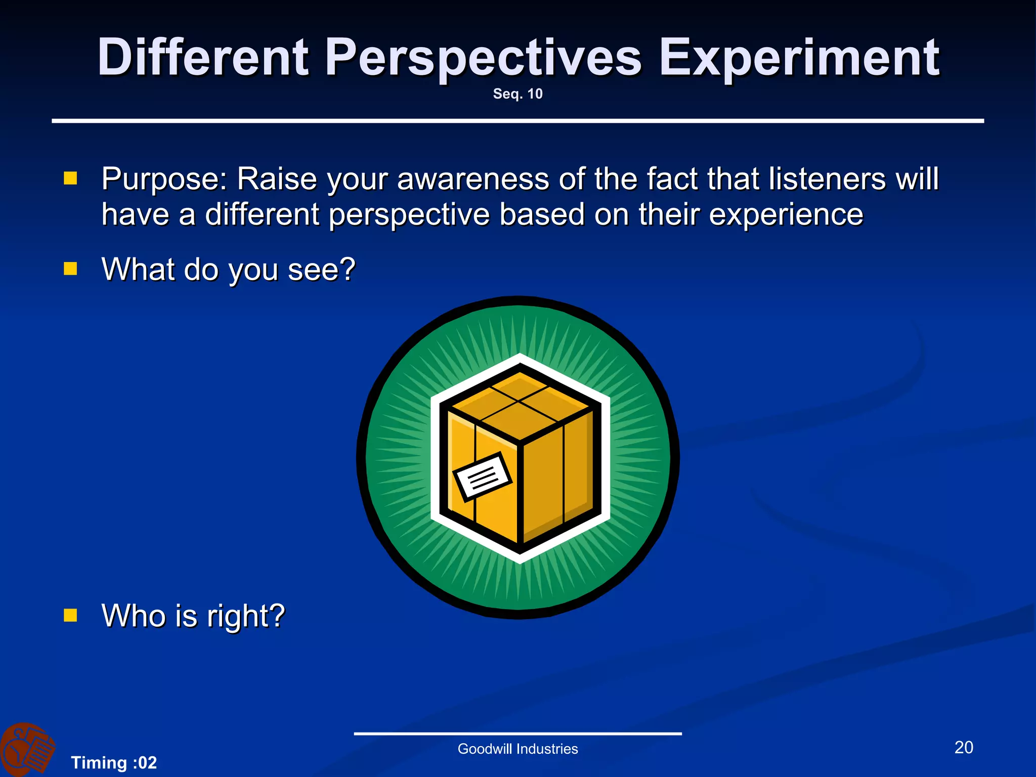 Different Perspectives Experiment Seq. 10 Purpose: Raise your awareness of the fact that listeners will have a different perspective based on their experience What do you see? Who is right? Goodwill Industries Timing :02 