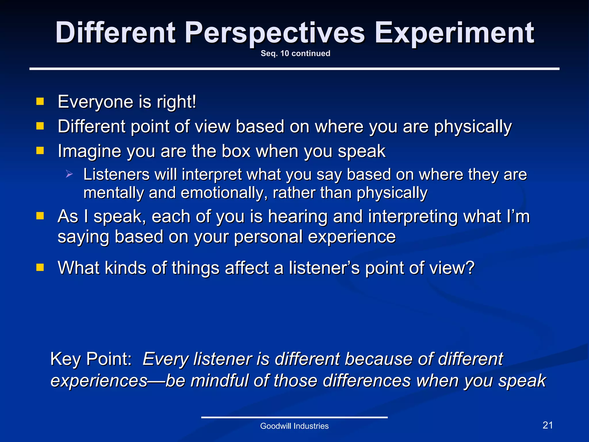 Different Perspectives Experiment  Seq. 10 continued Everyone is right!  Different point of view based on where you are physically Imagine you are the box when you speak Listeners will interpret what you say based on where they are mentally and emotionally, rather than physically As I speak, each of you is hearing and interpreting what I’m saying based on your personal experience What kinds of things affect a listener’s point of view? Goodwill Industries Key Point:  Every listener is different because of different experiences—be mindful of those differences when you speak 