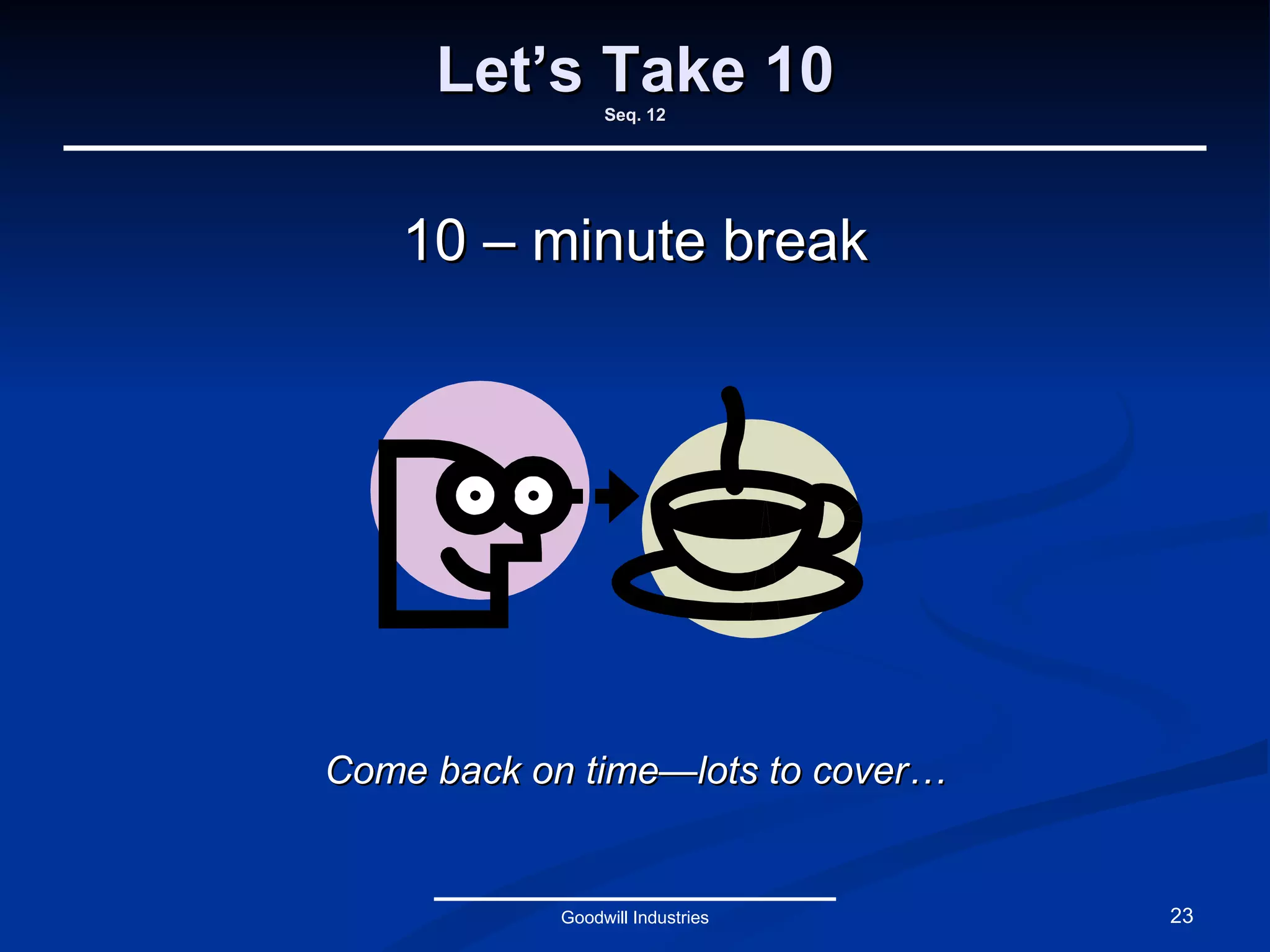 Let’s Take 10 Seq. 12 10 – minute break Come back on time—lots to cover… Goodwill Industries 