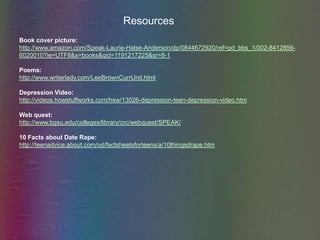 ResourcesBook cover picture:http://www.amazon.com/Speak-Laurie-Halse-Anderson/dp/0844672920/ref=pd_bbs_1/002-8412856-6020010?ie=UTF8&s=books&qid=1191217225&sr=8-1Poems:http://www.writerlady.com/LeeBrownCurrUnit.htmlDepression Video:http://videos.howstuffworks.com/hsw/13026-depression-teen-depression-video.htmWeb quest:http://www.bgsu.edu/colleges/library/crc/webquest/SPEAK/10 Facts about Date Rape:http://teenadvice.about.com/od/factsheetsforteens/a/10thingsdrape.htm