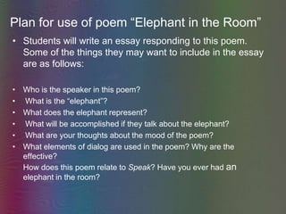 Plan for use of poem “Elephant in the Room”Students will write an essay responding to this poem.  Some of the things they may want to include in the essay are as follows:Who is the speaker in this poem? What is the “elephant”? What does the elephant represent? What will be accomplished if they talk about the elephant? What are your thoughts about the mood of the poem?What elements of dialog are used in the poem? Why are the effective? How does this poem relate to Speak? Have you ever had an elephant in the room? 
