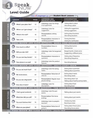 s��tLevel Guide
What's your place like? 42
Listening: Listen for things Asking about a place
in an apartment Describing a place
Where can I get a lamp? 44
Listening: Listen for Asking for suggestions
suggestions Giving suggestions
46
Pronunciation: Linking Asking about locations
sounds Describing locations
Take a left. 48
Pronunciation: Intonation in Giving directions
clarifying questions Asking for clarification
How much is coffee? 52
Pronunciation: Stress in Asking about prices
numbers Giving prices
Will you take $20? 54
Listening: Listen for bargained Bargaining for a lower price
prices Suggesting a different price
Do you ever buy books? 56
Pronunciation: Intonation in Asking about frequency
questions Describing frequency
58
Listening: Listen for product
Describing features
features
Do you eat much fruit? 62
Listening: Listen for eating Asking about quantities
habits Talking about quantities
We need onions. 64
Pronunciation: Reduction of Asking about needs
what do Describing needs
Do you eat a big lunch? 66
Pronunciation: Regular noun Describing what I eat
plural endings Talking about healthy eating habits
How does it taste? 68
Asking about food
I had a great weekend. 72
Listening: Listen for past
Talking about past events
events
What time did you call? 74
Pronunciation: Past tense
endings
Asking about past events
You won't believe this! 76
Listening: Listen to people's Introducing news
reactions Reacting to news
78
Pronunciation: Reduction of Asking about future plans
going to Describing future plans
 