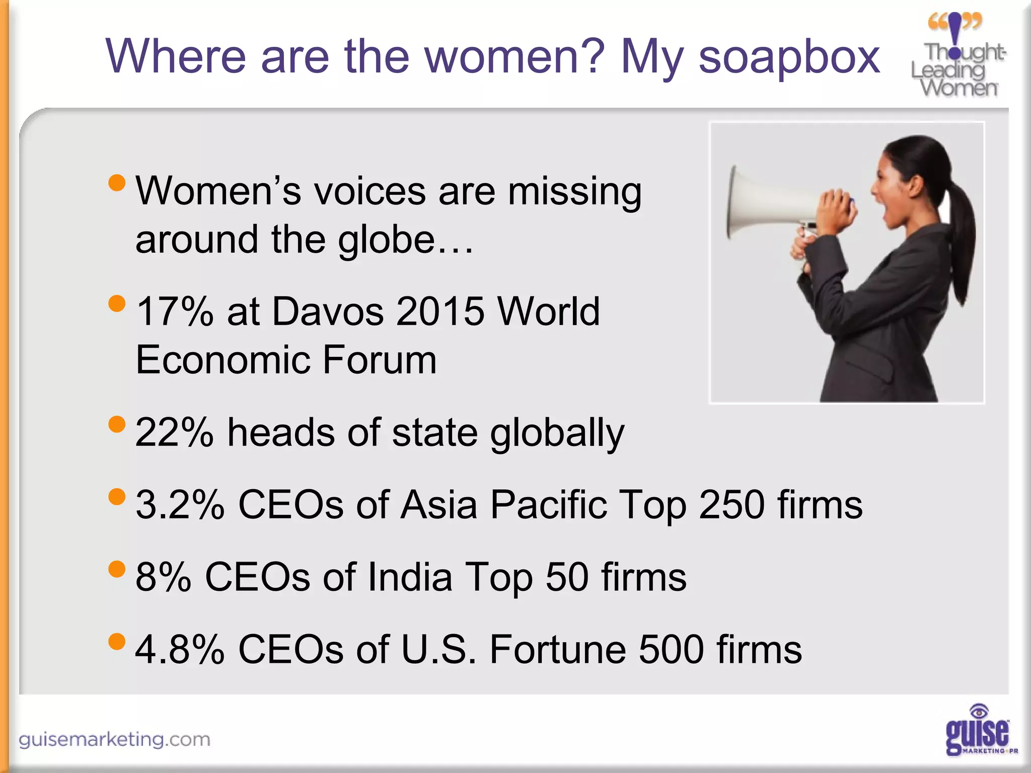 Where are the women? My soapbox
•Women’s voices are missing
around the globe…
•17% at Davos 2015 World
Economic Forum
•22% heads of state globally
•3.2% CEOs of Asia Pacific Top 250 firms
•8% CEOs of India Top 50 firms
•4.8% CEOs of U.S. Fortune 500 firms
 