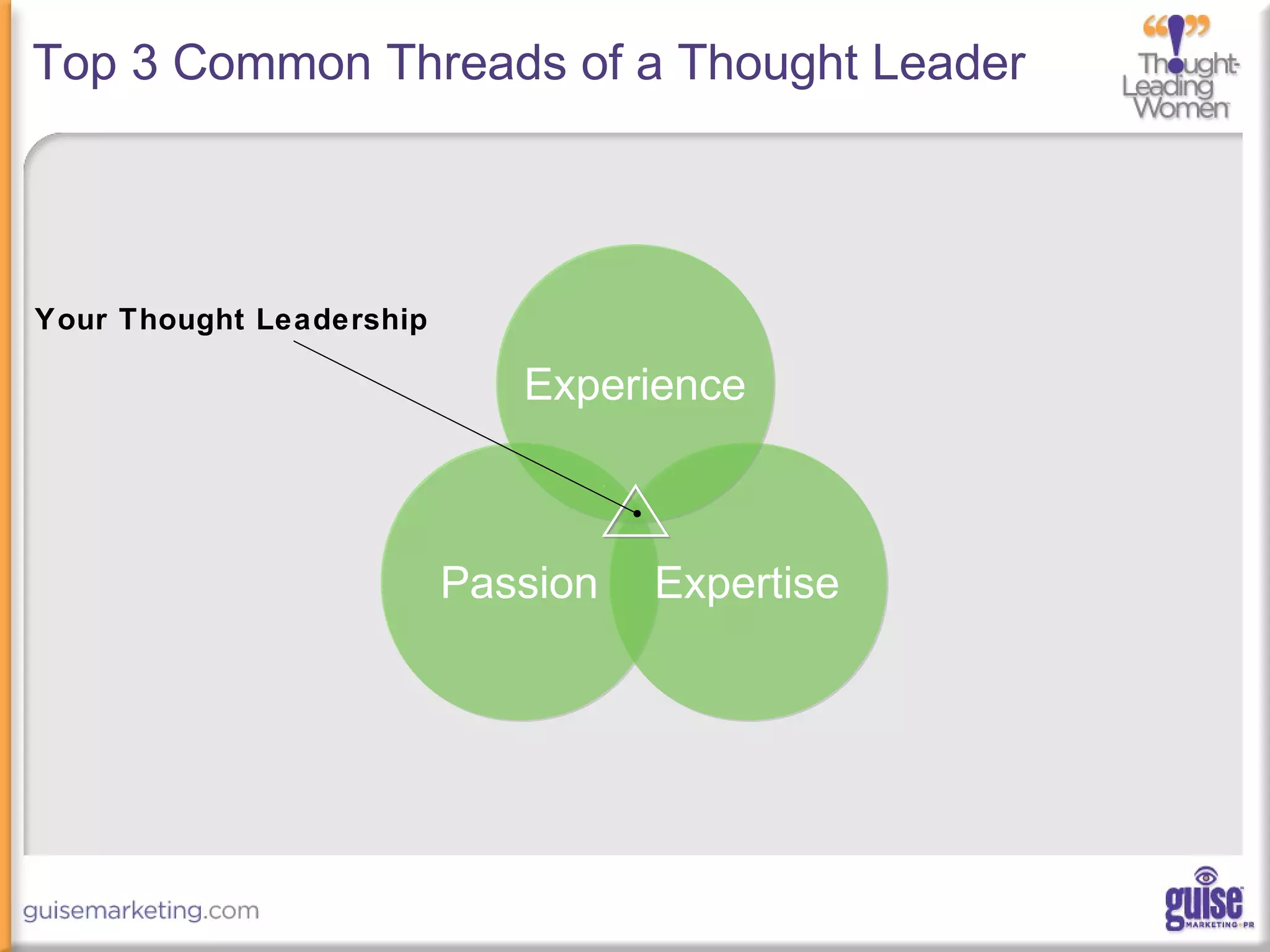 Top 3 Common Threads of a Thought Leader
Passion Expertise
Experience
Your Thought Leadership
 