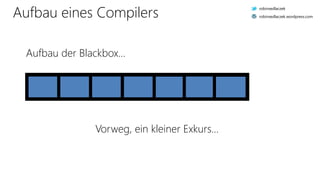 Aufbau eines Compilers
Vorweg, ein kleiner Exkurs…
Aufbau der Blackbox…
robinsedlaczek
robinsedlaczek.wordpress.com
 