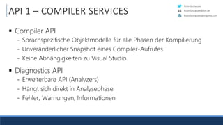 RobinSedlaczek
RobinSedlaczek.wordpress.com
RobinSedlaczek@live.de
API 1 – COMPILER SERVICES
 Compiler API
- Sprachspezifische Objektmodelle für alle Phasen der Kompilierung
- Unveränderlicher Snapshot eines Compiler-Aufrufes
- Keine Abhängigkeiten zu Visual Studio
 Diagnostics API
- Erweiterbare API (Analyzers)
- Hängt sich direkt in Analysephase
- Fehler, Warnungen, Informationen
 