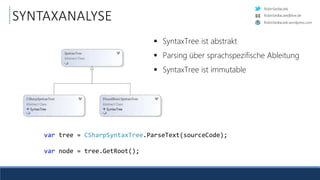 RobinSedlaczek
RobinSedlaczek.wordpress.com
RobinSedlaczek@live.de
SYNTAXANALYSE
var tree = CSharpSyntaxTree.ParseText(sourceCode);
var node = tree.GetRoot();
 SyntaxTree ist abstrakt
 Parsing über sprachspezifische Ableitung
 SyntaxTree ist immutable
 