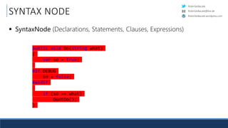 RobinSedlaczek
RobinSedlaczek.wordpress.com
RobinSedlaczek@live.de
public.void.Do(string.what).
{.
....var.so.=.true;.
.
#if.DEBUG.
....so.=.false;.
#endif.
.
....if.(so.==.what).
........DontDo();.
}.
SYNTAX NODE
 SyntaxNode (Declarations, Statements, Clauses, Expressions)
 