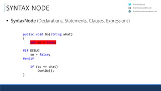 RobinSedlaczek
RobinSedlaczek.wordpress.com
RobinSedlaczek@live.de
public void Do(string what)
{.
....var.so.=.true;.
.
#if.DEBUG.
....so.=.false;.
#endif.
.
....if.(so.==.what)).
........DontDo();.
}.
SYNTAX NODE
 SyntaxNode (Declarations, Statements, Clauses, Expressions)
 