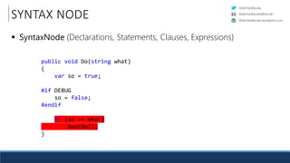 RobinSedlaczek
RobinSedlaczek.wordpress.com
RobinSedlaczek@live.de
public void Do(string what)
{.
....var.so.=.true;.
.
#if.DEBUG.
....so.=.false;.
#endif.
.
....if.(so.==.what)
........DontDo();.
}.
SYNTAX NODE
 SyntaxNode (Declarations, Statements, Clauses, Expressions)
 
